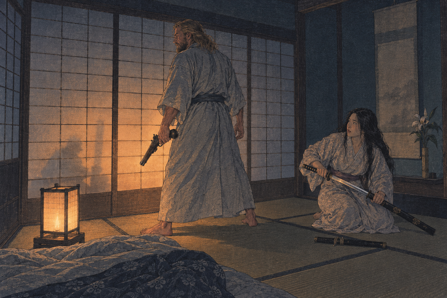 Fujiko draws the sword at the wall