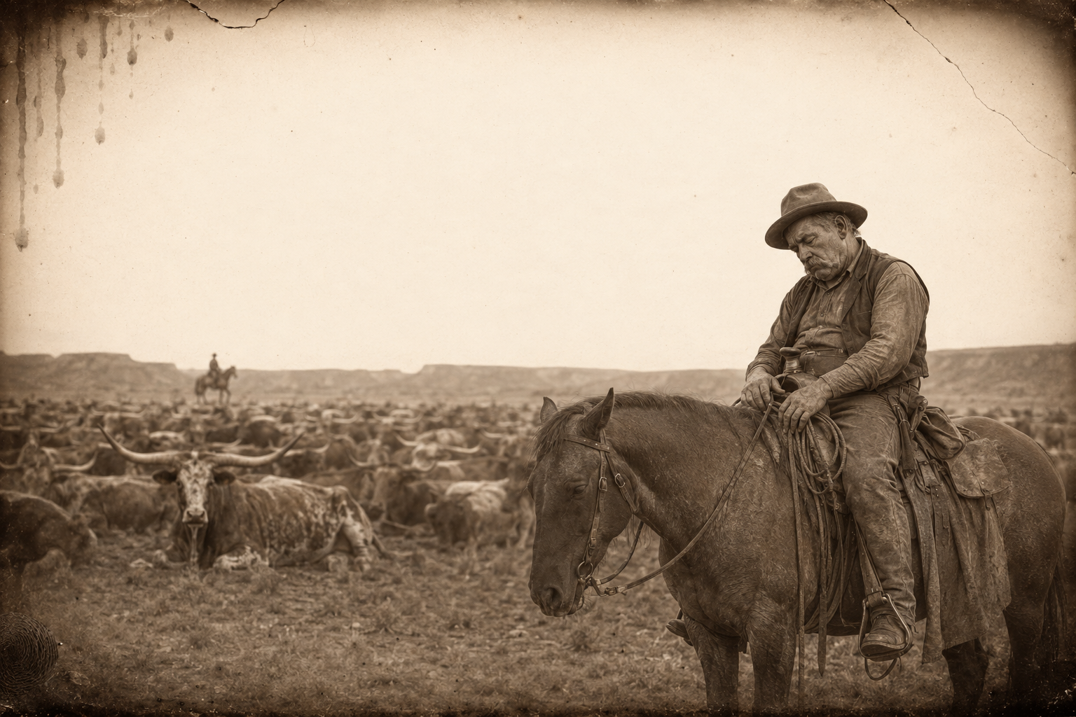 Call rides around the bedded herd to see that all is in place; the cattle are calm and Needle Nelson dozes in his saddle.