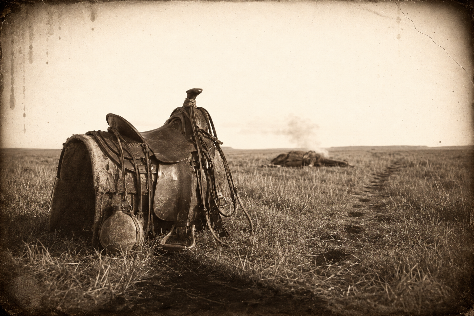 July shoots the lamed horse, leaves his saddle in the grass, and takes only his rifle.