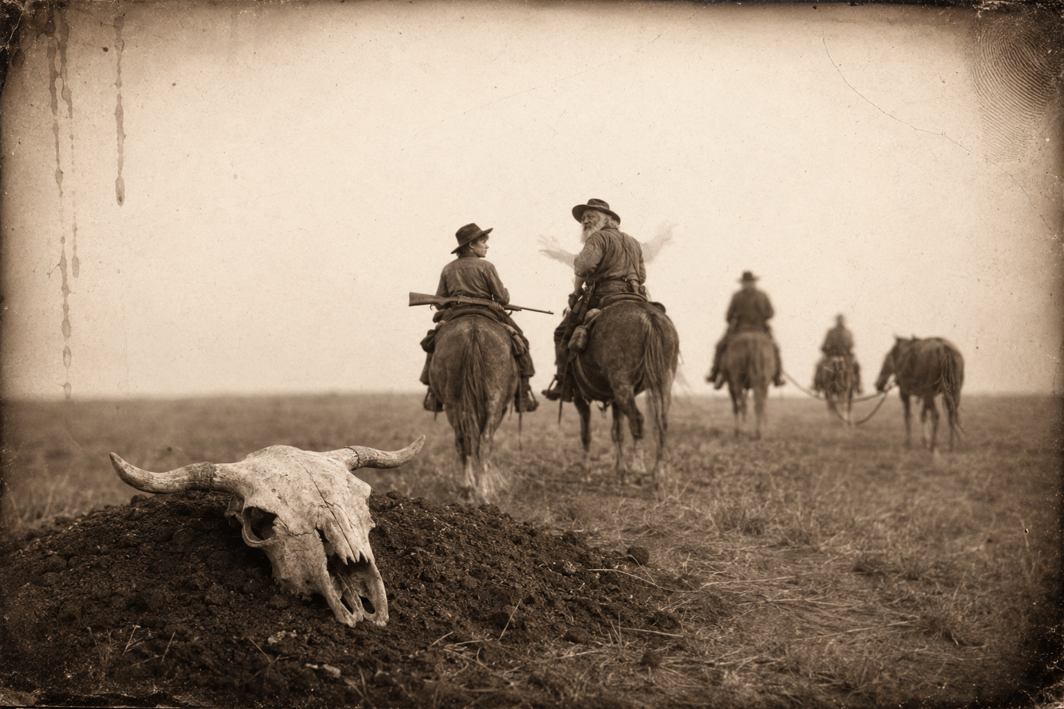 The buffalo cow's skull set on Wilbarger's grave at first light, with Newt carrying the dead man's rifle as they ride out after the horsethieves and Augustus tells him the whole earth is a boneyard.