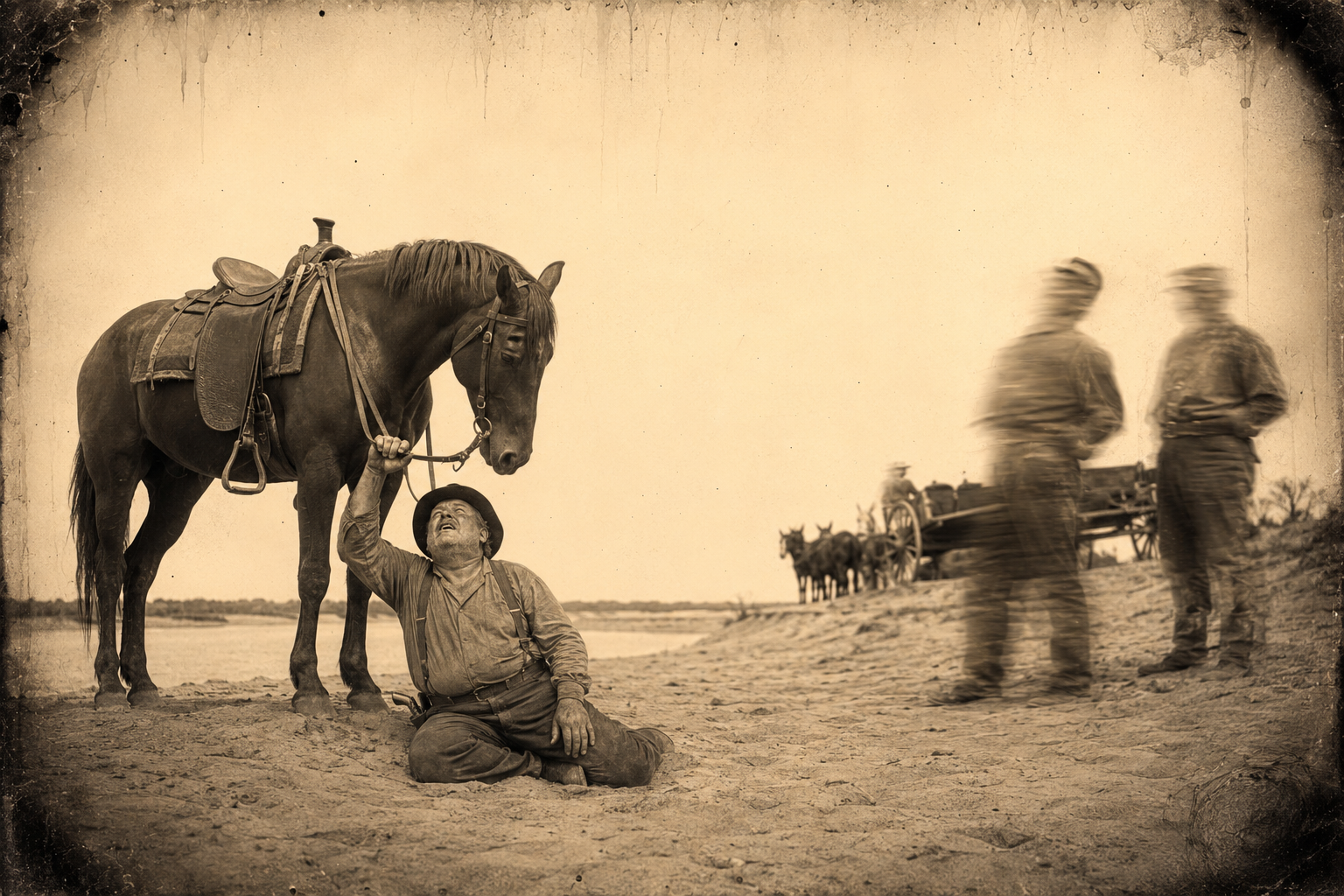 On the bank of the Red River — "That's Texas right across yonder" — Roscoe's legs give out and he sits in the sand holding to a stirrup while the soldiers laugh.