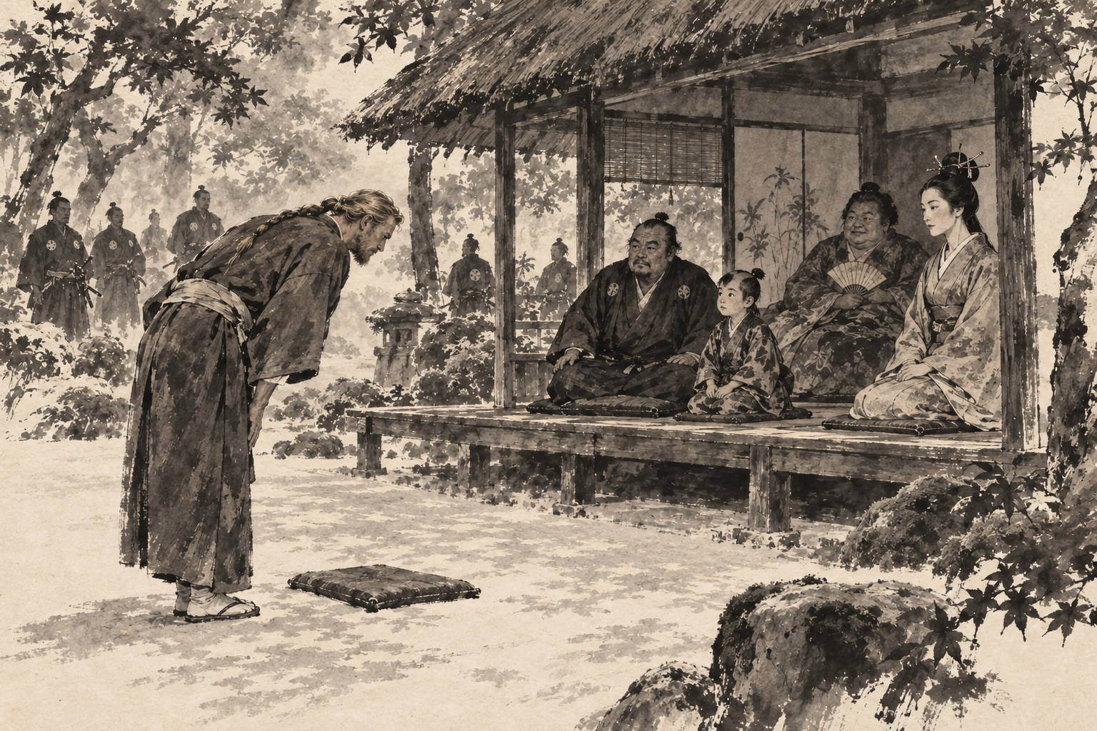 The Anjin-san bows before the tea house
