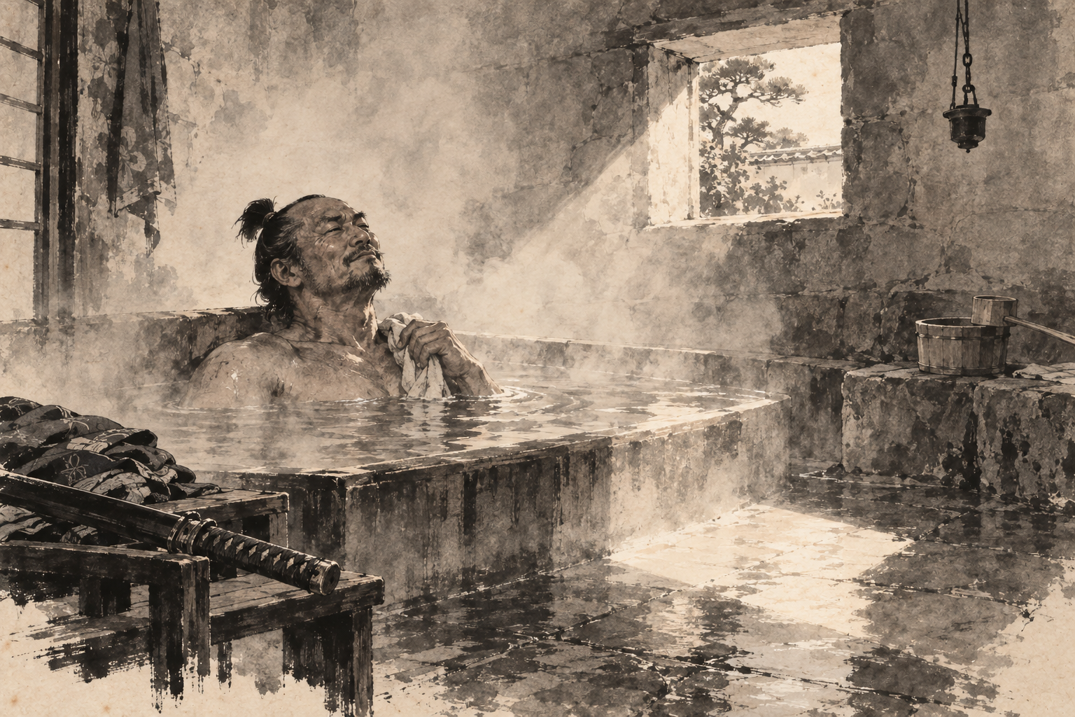 Yabu in the hot bath