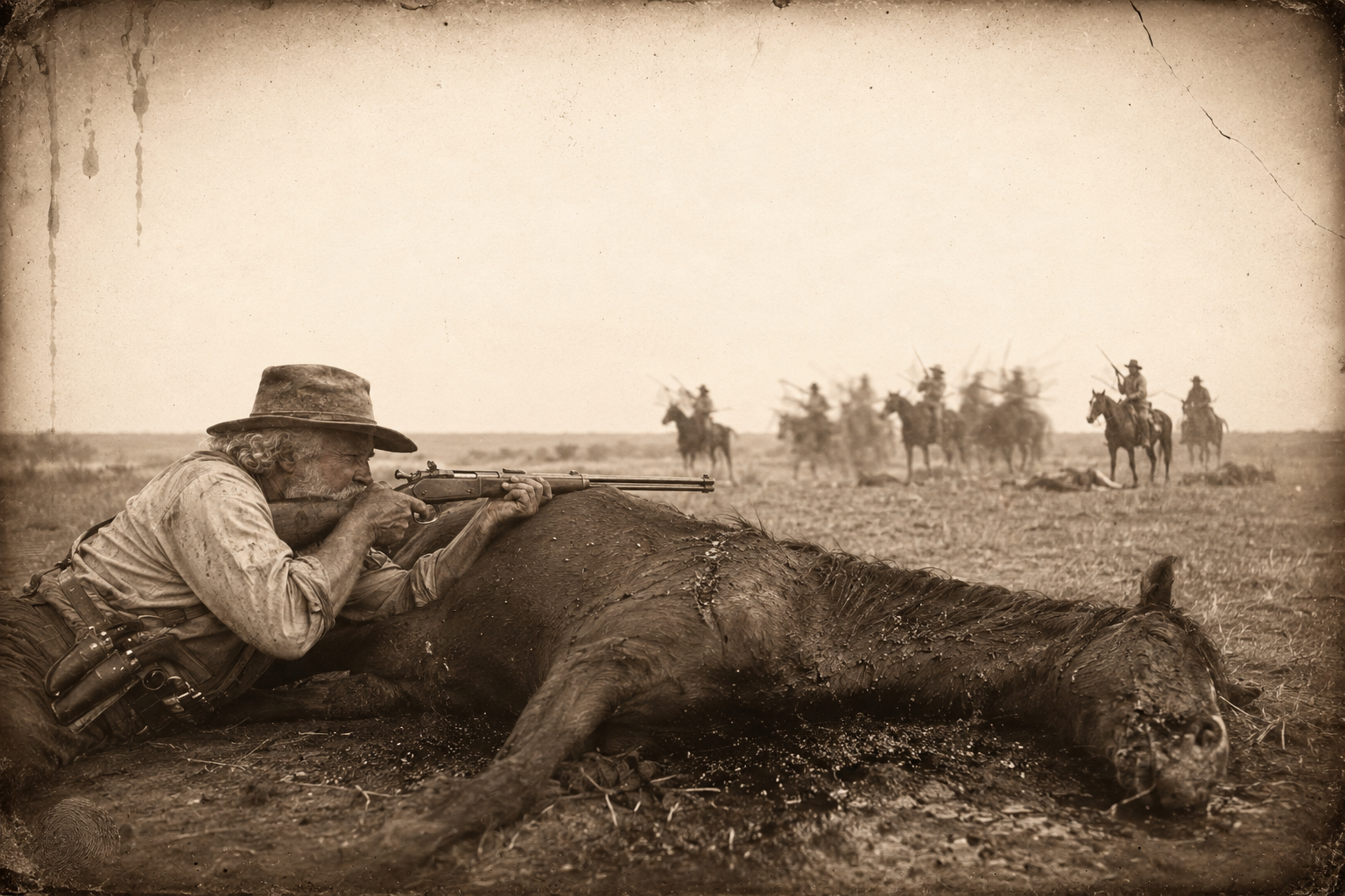 At fifty yards the attackers' horses catch the smell of fresh blood and refuse to charge; Augustus, rifle across the dying horse's withers, shoots the riders off the two that have stopped dead.