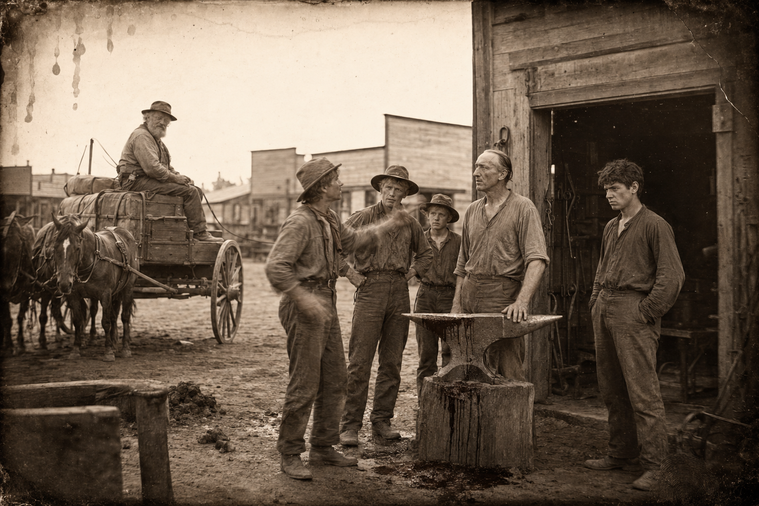 After the fight, the boys stand around the bloody anvil explaining it to a freshly barbered Pea Eye while Augustus turns the loaded wagon in the street.