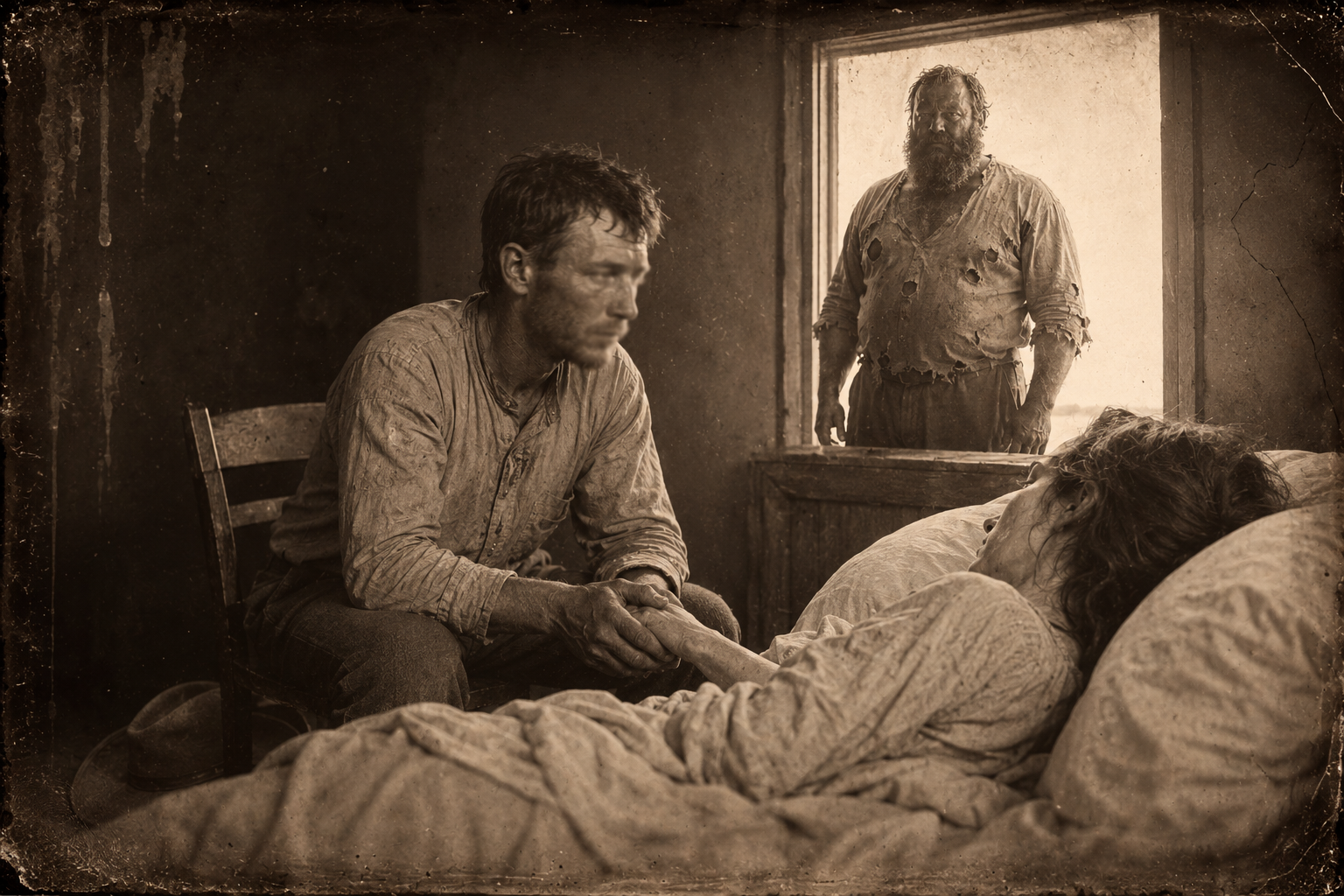 July sits in the doctor's chair, tells her Joe is dead and the baby is fine, and takes her hand for a moment while she will not look at him.