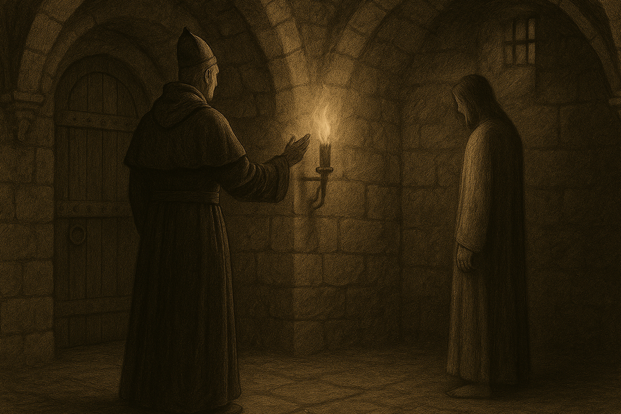 Christ standing silent before the Grand Inquisitor in a Sevillian dungeon.