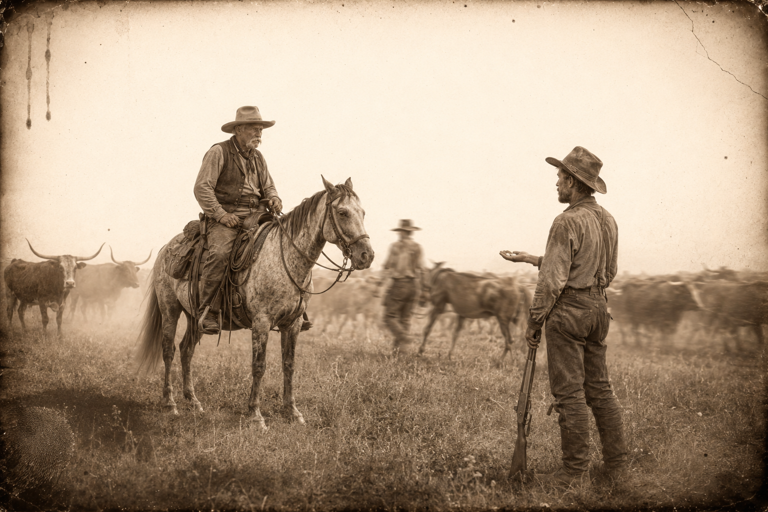 The Johns outfit finds a man walking out of Texas toward them, and the old white-mustached trail boss sells him the worst horse in the remuda for forty dollars.