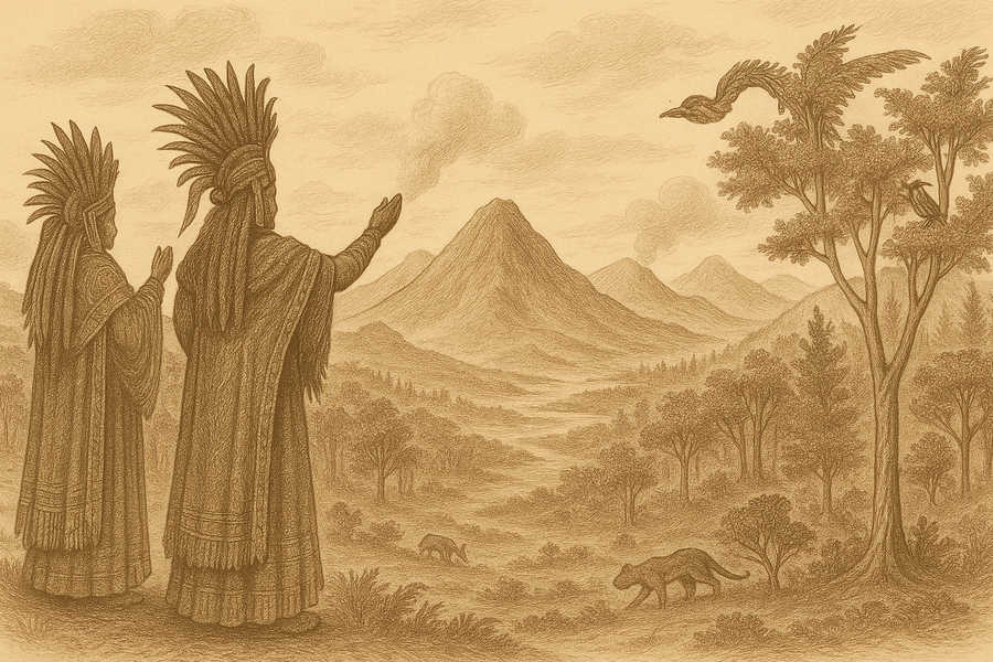 Mountains and forests rising from the dividing waters at the word of the gods.