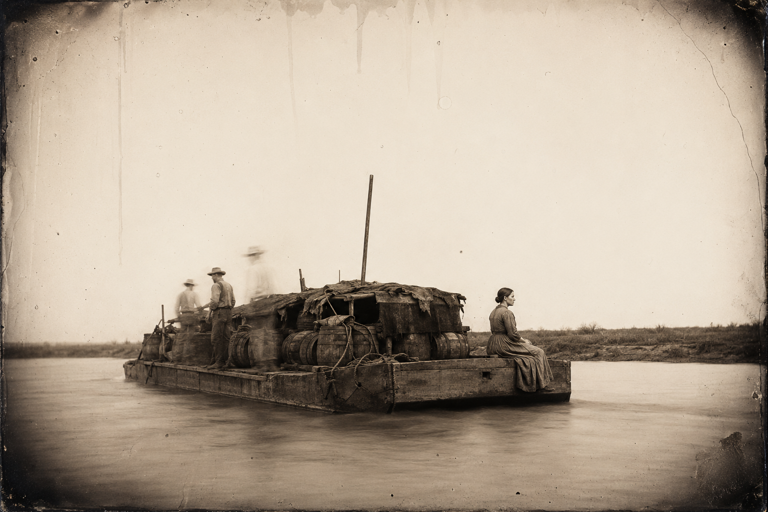 The whiskey boat inching up the brown Arkansas, Elmira alone at the stern watching the water go by.