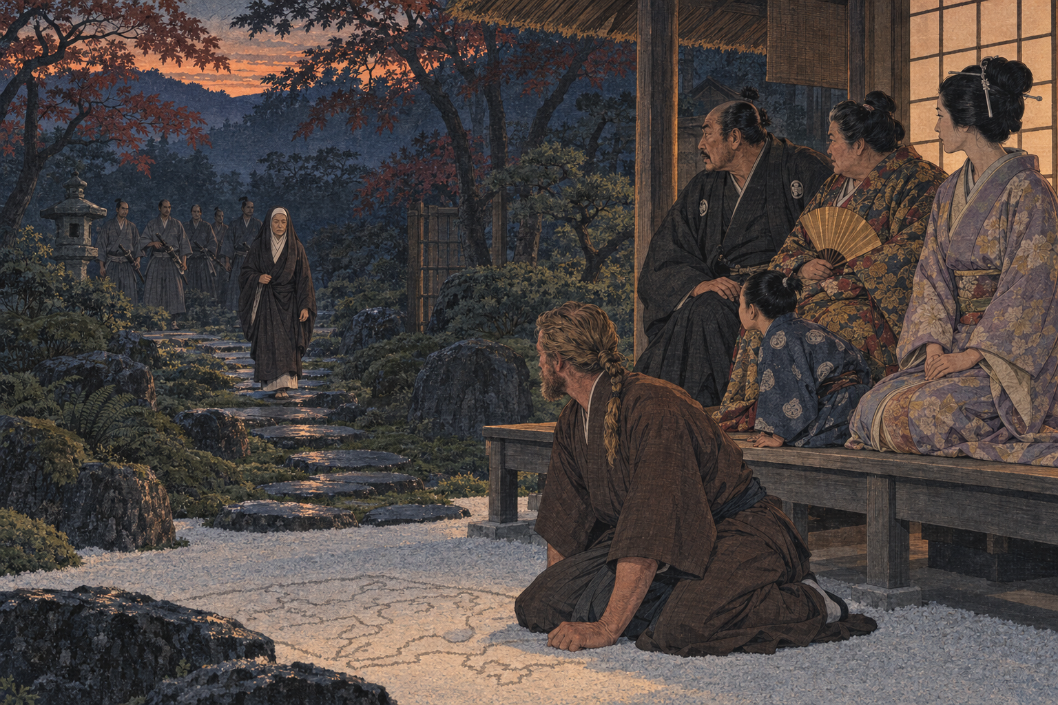 A cowled nun on the garden path