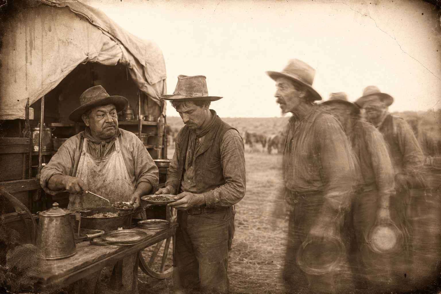 Dish holds up the supper line at the chuck wagon, picking out the best piece of beef for Lorena while Jasper jeers at him.