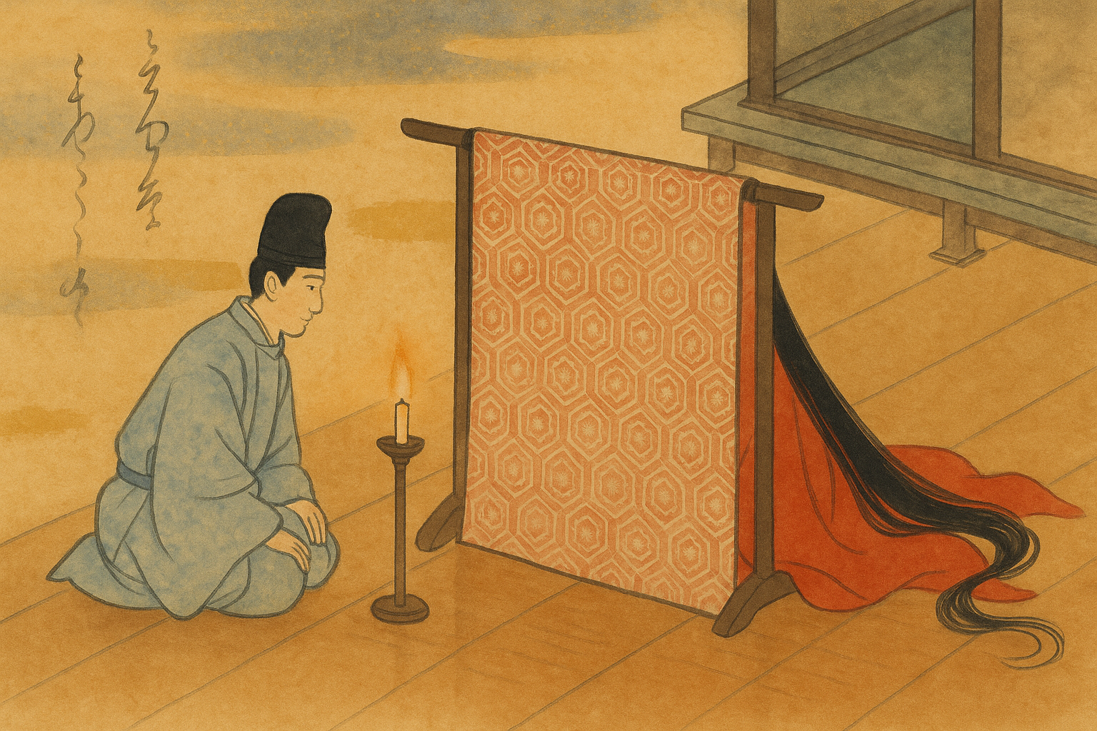 Genji on the near side of the kichō; only Fujitsubo's trailing sleeve and a single strand of hair visible beyond — the architecture of separation.