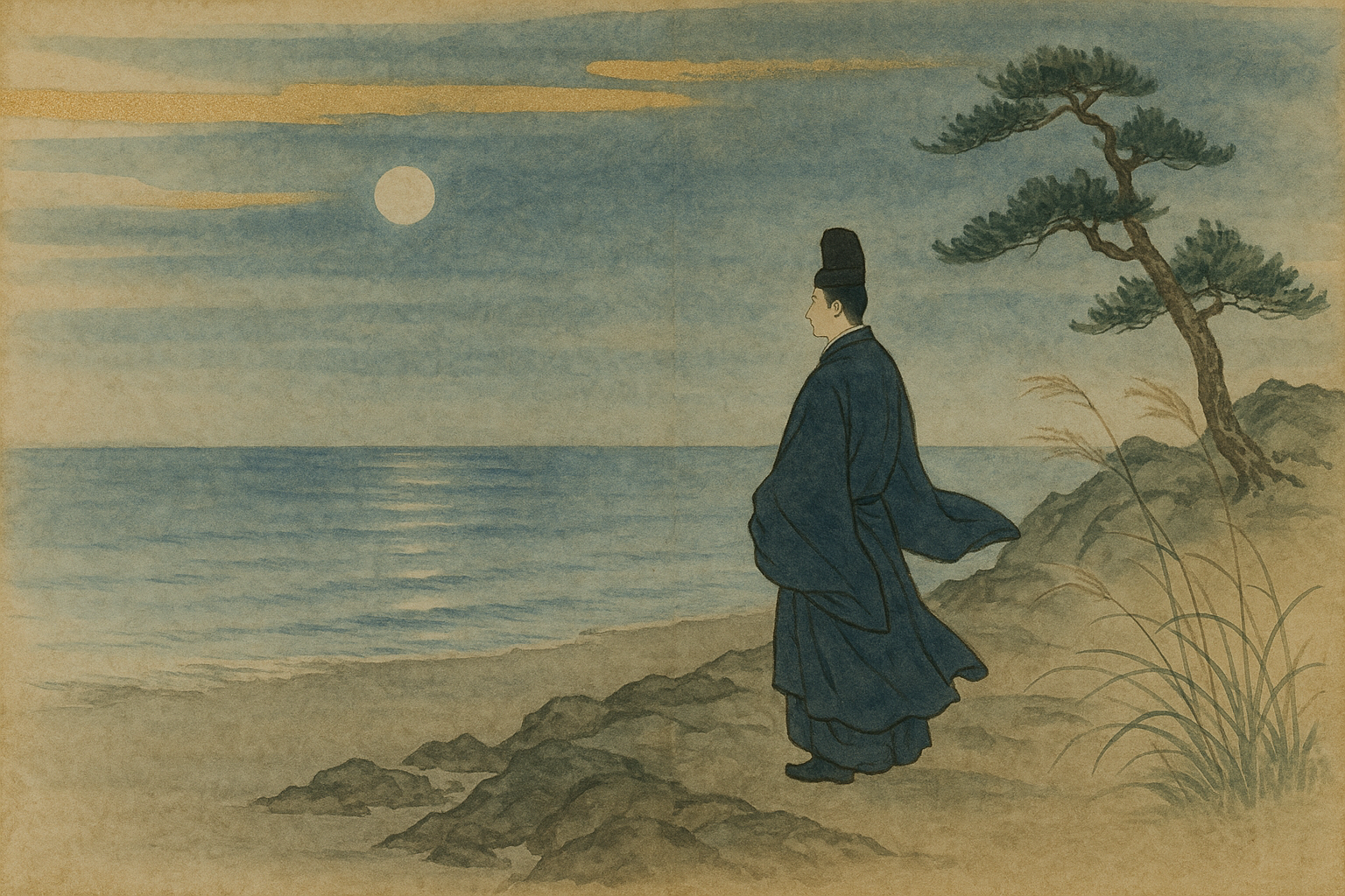 Genji alone on the Suma shore, the moon over the Inland Sea — the brilliant court life suddenly removed.