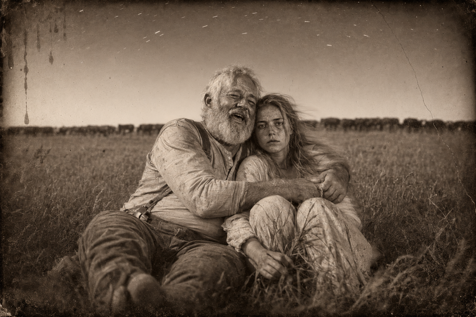 Sitting out in the grass, Lorena names her two fears and the trembling starts; Gus puts his arms around her to stop it.