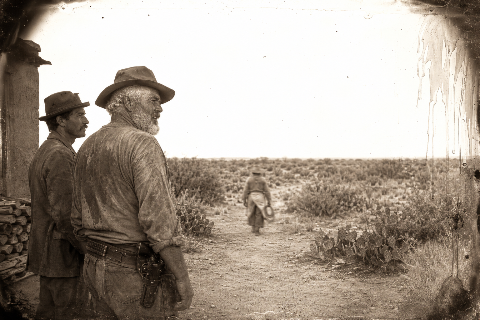 Turned out of the kitchen, the two men watch Bolivar take his rawhide lariat off the woodpile and walk away into the chaparral.
