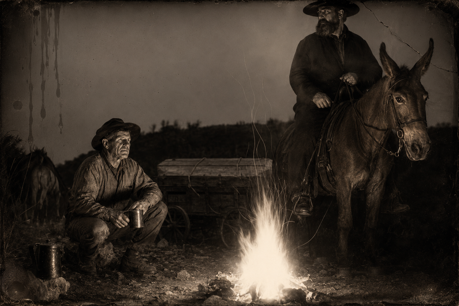 Charles Goodnight rides his red mule up to Call's fire on the Purgatoire, will not get down, and says Blue Duck has been caught.