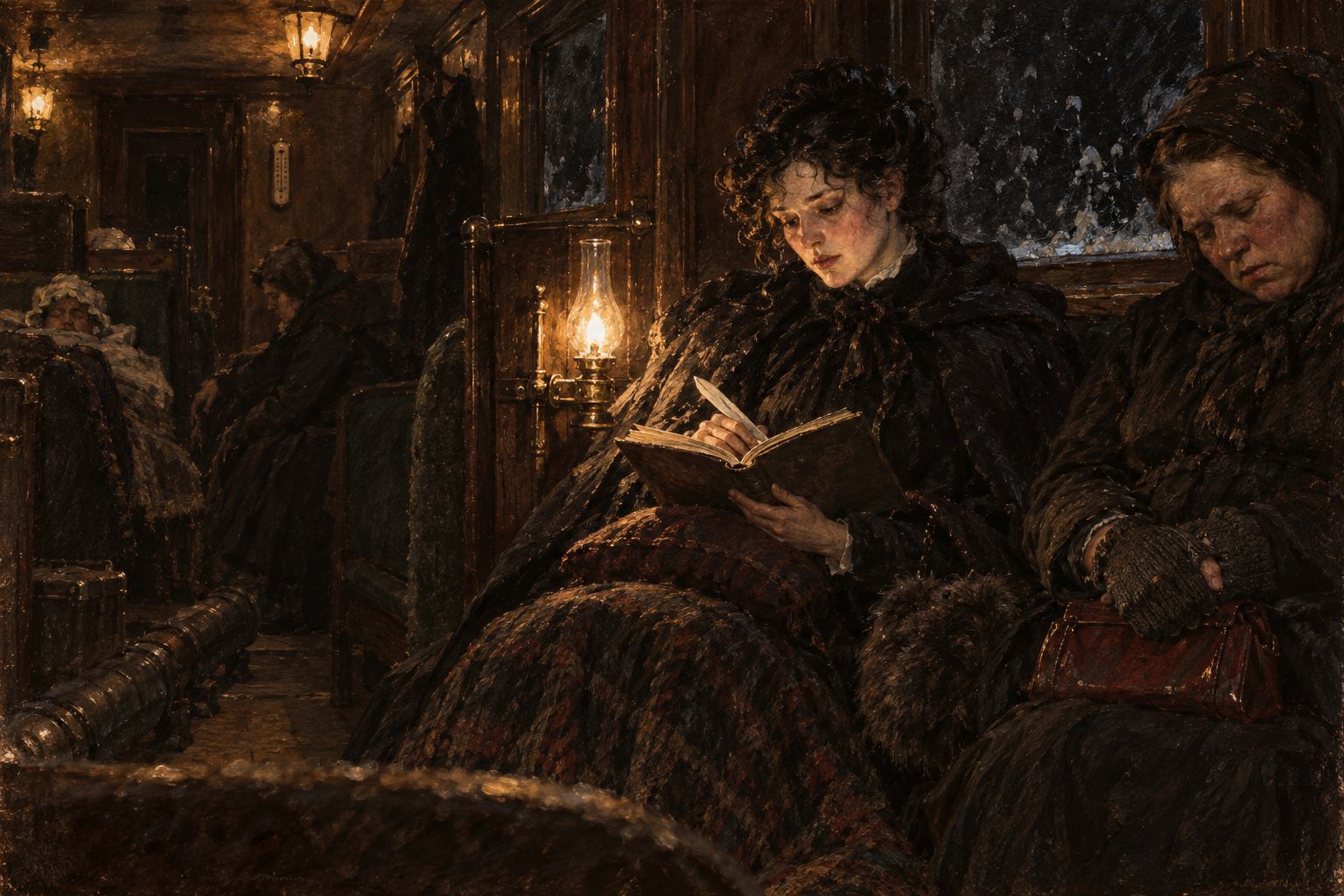 The sleeping compartment, reading-lamp lit
