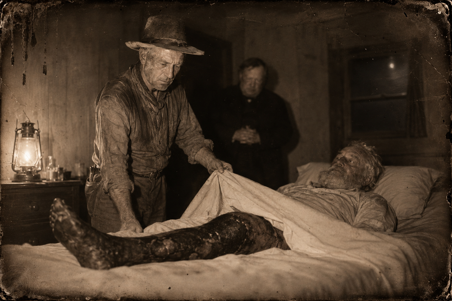 Call arrives in the night, sets the lantern on the bureau, turns back the covers and looks at the black leg.