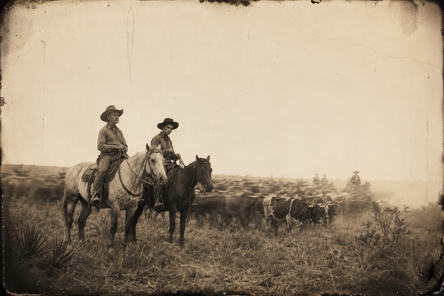 The herd moseying north past San Antonio on a hot day, the mosquitoes thinning and the cowboys half asleep in their saddles.