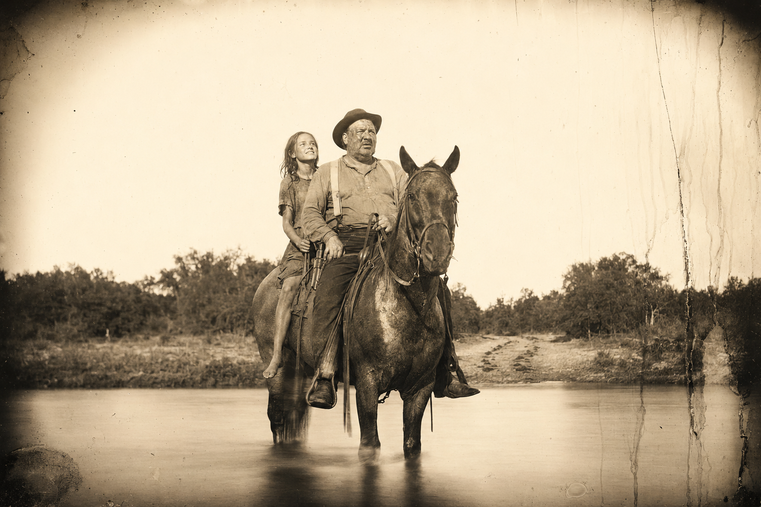 Riding double, Janey up behind with her toes hooked in the girth, they splash across the creek and Roscoe asks her to keep him pointed at San Antone.