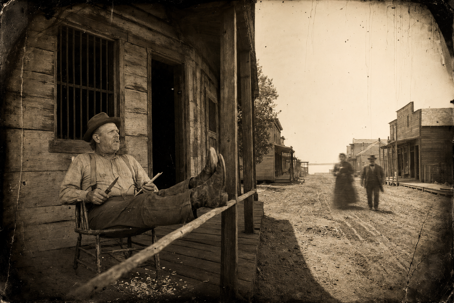 Roscoe Brown whittling on the jail porch on a fine morning, Peach Johnson and Charlie Barnes coming up the street toward him.