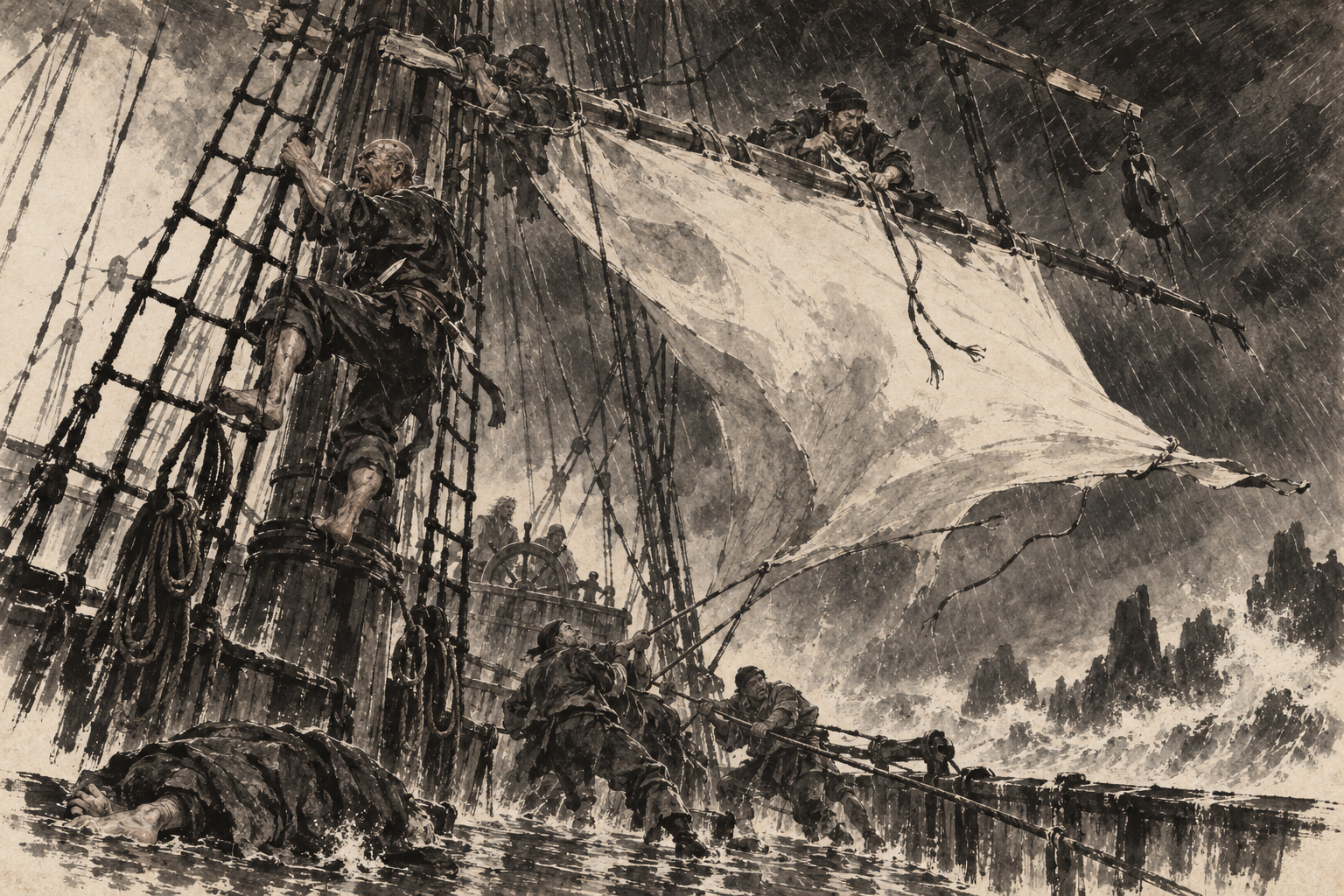 Vinck aloft in the foremast shrouds