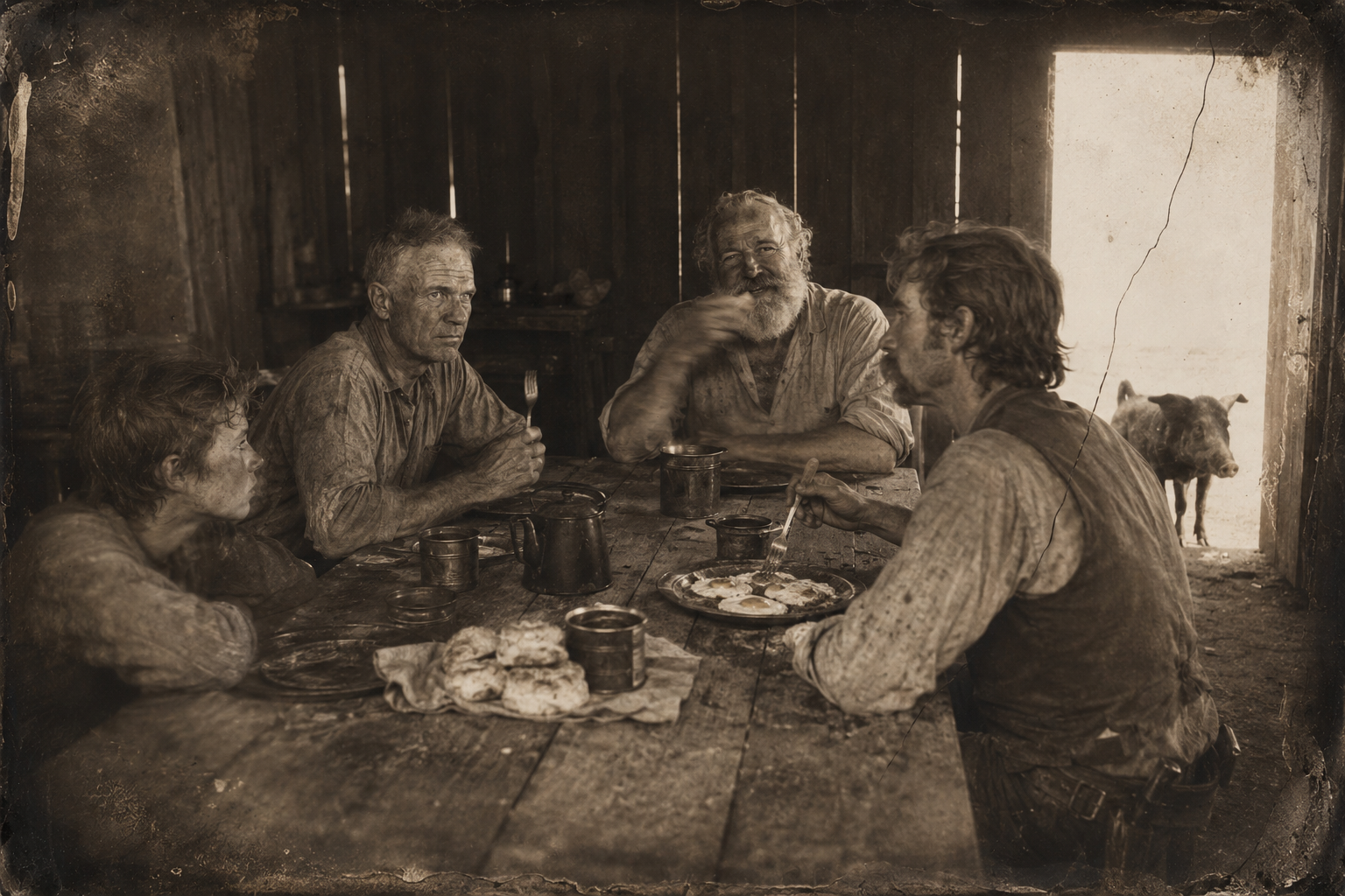 At the table, Call gives Dish the onceover and floats the herd — five or six more like him and we could drive it north — while Dish, weak with love for Lorena, has lost the taste of his food and Augustus works through the biscuits and honey.