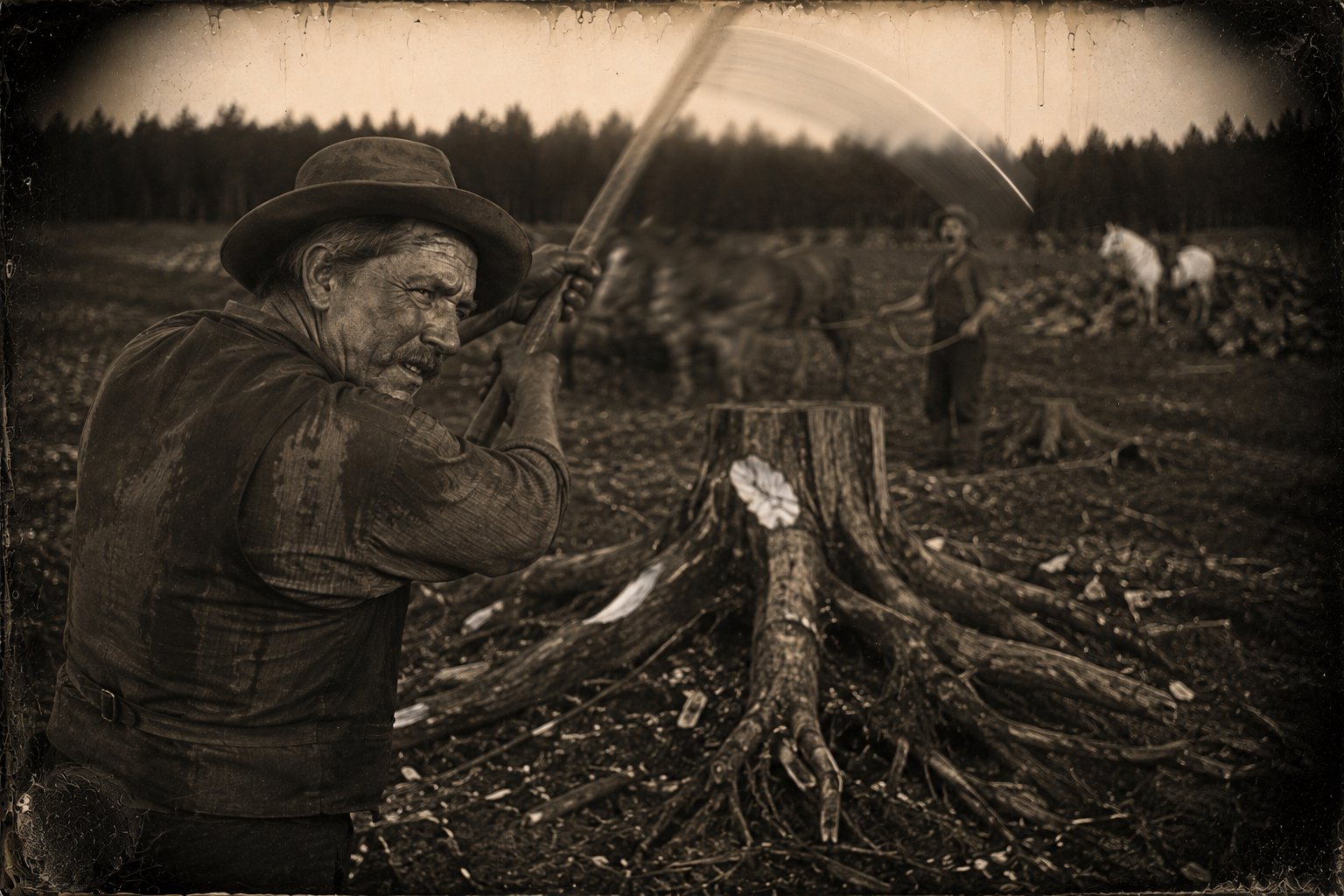 Put to work with an ax he has not handled in years, Roscoe hacks at the tough roots and sweats worse than she does while Louisa pops the mules.