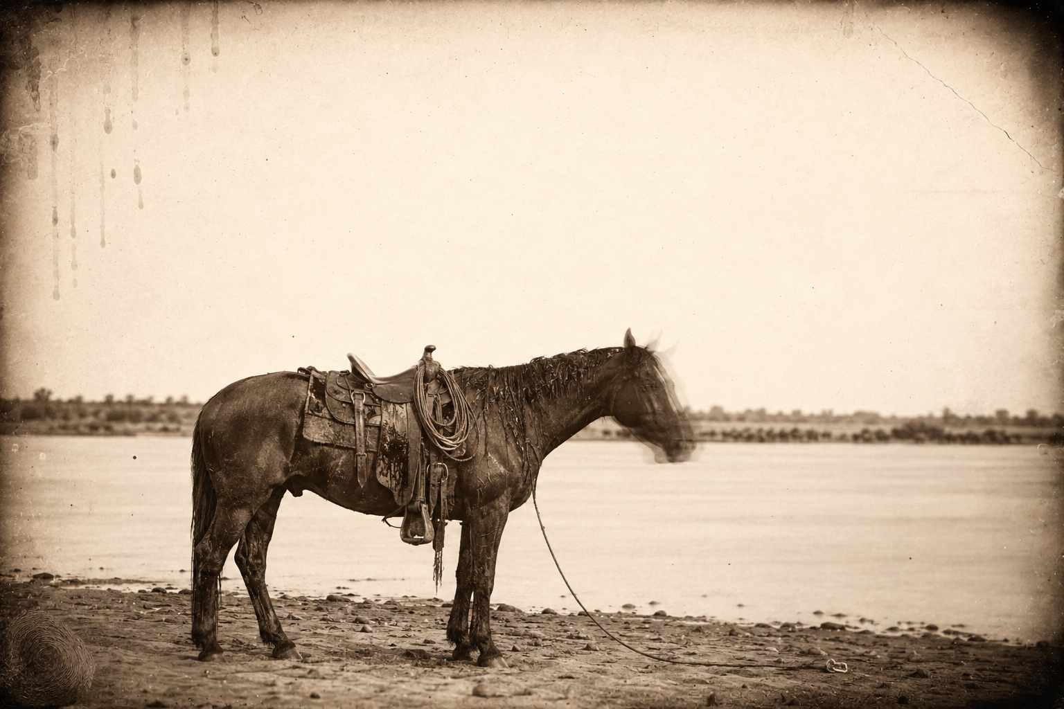 Wilbarger's riderless bay stands waiting on the north bank of the Arkansas, dried blood on the saddle and crusted in its mane.