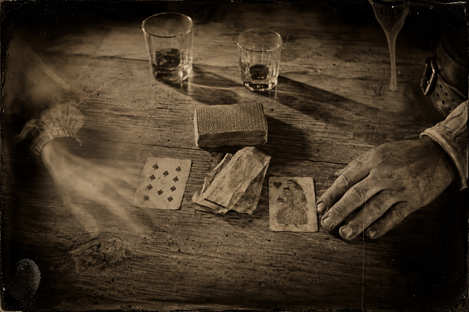 They cut for it — she turns a ten of spades, he turns the queen of hearts, and she is fairly sure he cheated, though she could not have said how.