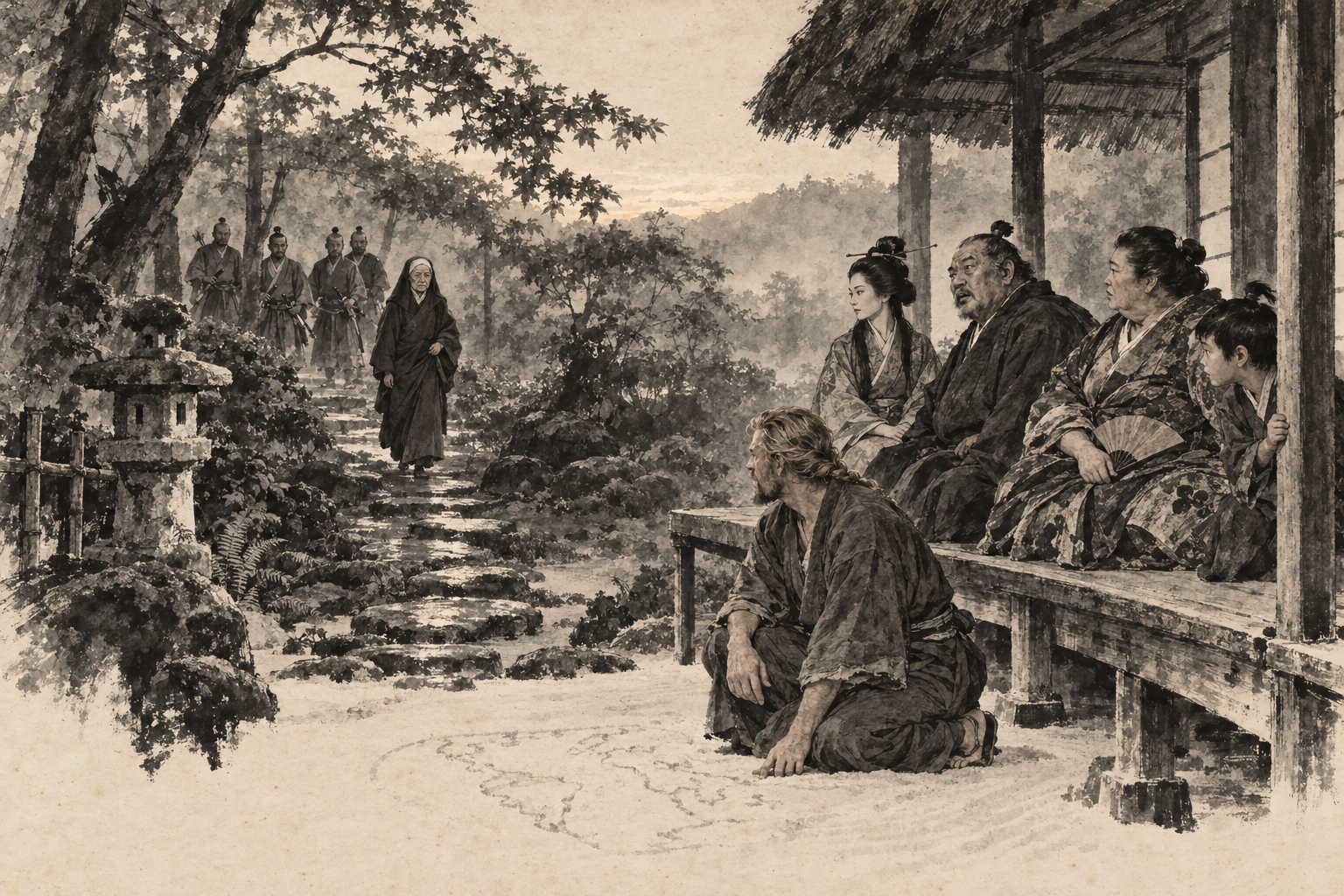 A cowled nun on the garden path