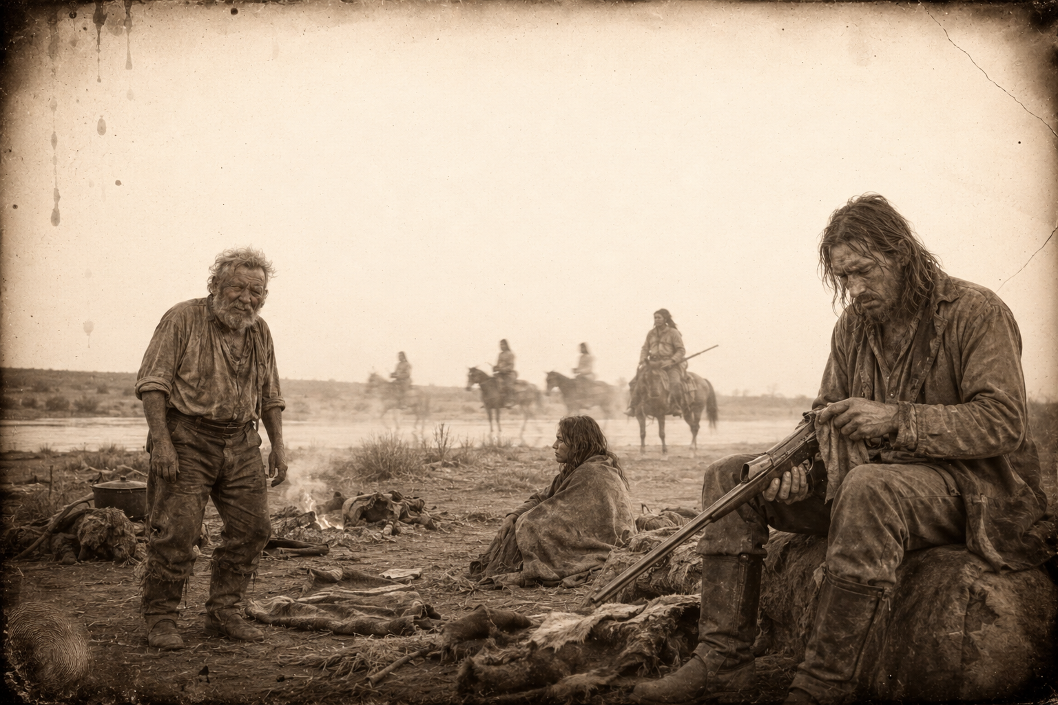In the grey dawn the Kiowas ride out with Blue Duck's bullets to kill Gus, and Monkey John gets to his feet with one eye swollen shut from ant bites while Dog Face cleans his gun.
