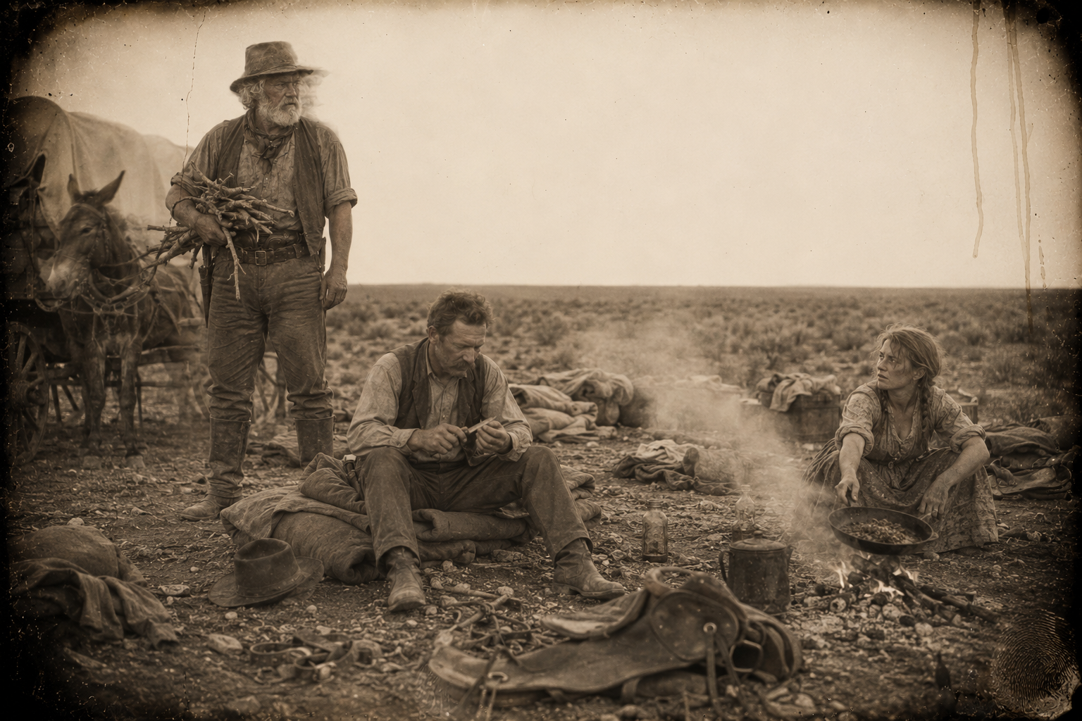 Half a mile from camp, Augustus stops the team at Jake and Lorena's shabby camp, where Jake is digging a mesquite thorn out of a swollen thumb and the fryback has burned.
