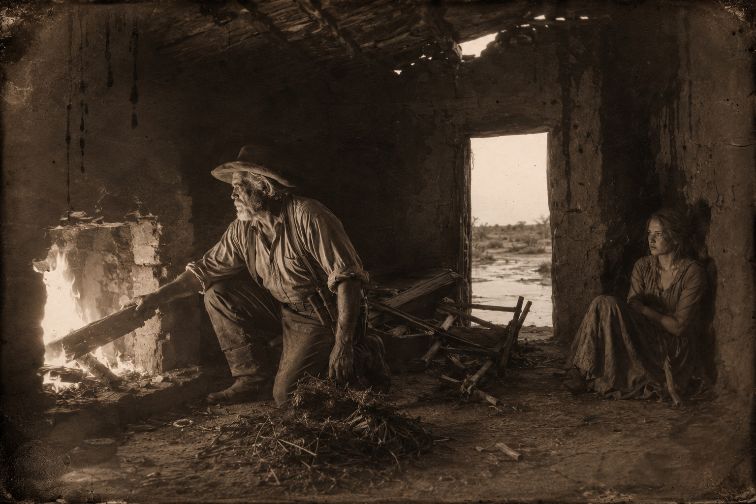 In the one room with a roof, Augustus clears an owl's nest out of the fireplace and burns broken-up wagon timber, while Lorena — still not speaking — watches him from the corner and will not let him out of her sight.