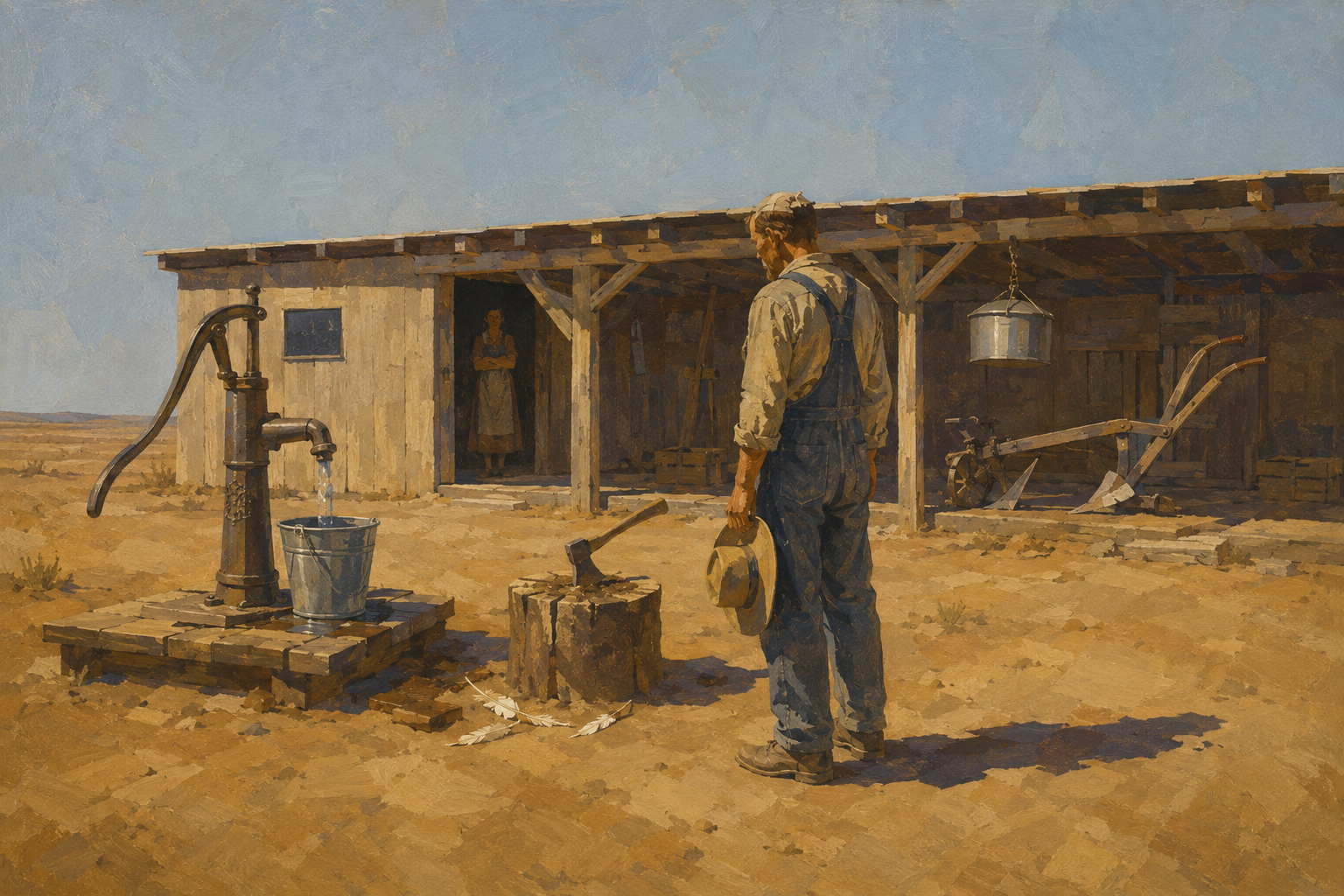 The pump, the chopping block, the plough in the shed
