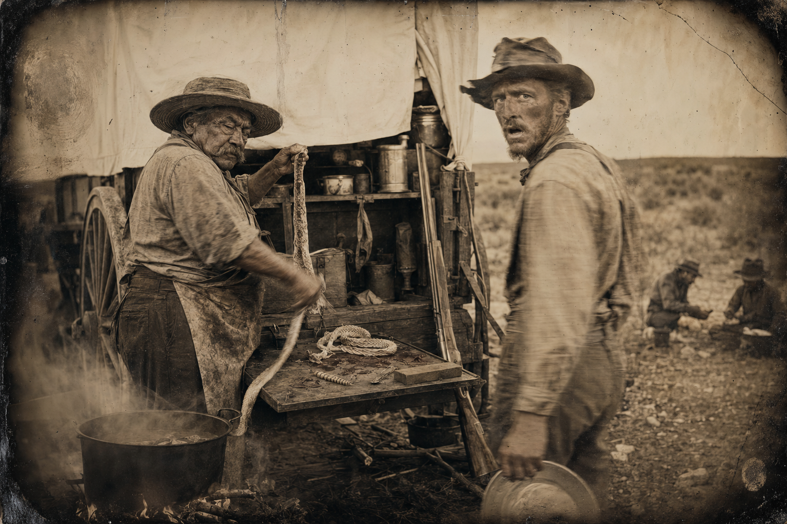 Jasper Fant turns around and catches Bolivar slicing the skinned rattlesnake straight into the stewpot.