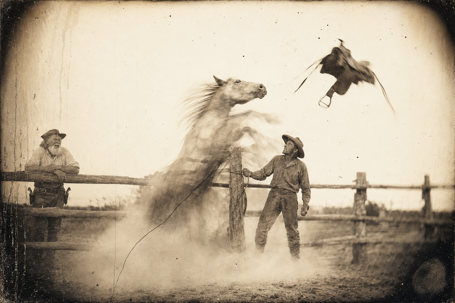 The stirrups slap the Hell Bitch's belly, she goes as high as she can get, and the saddle flies twenty feet while Augustus laughs at the fence.