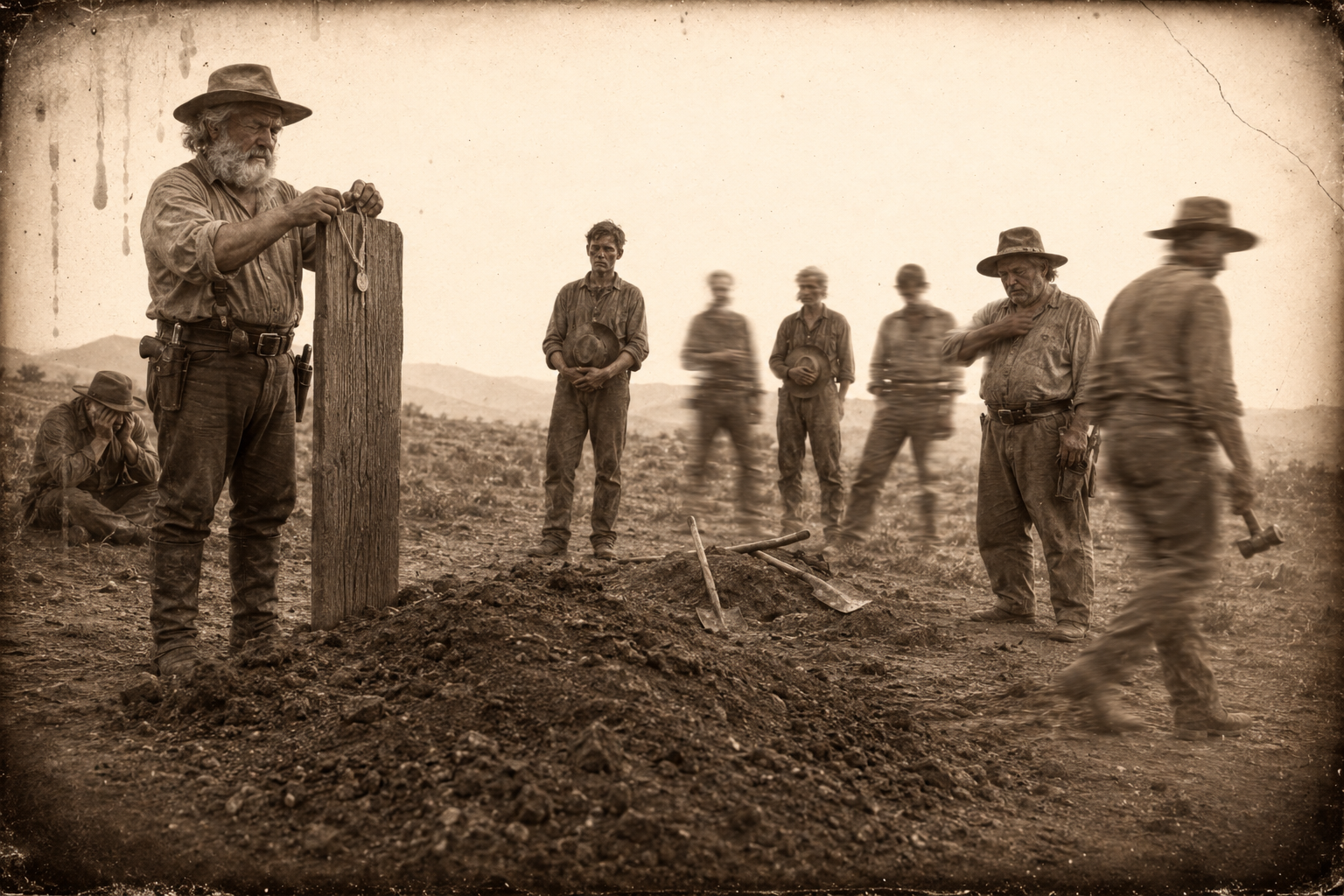 Late afternoon at the grave above the Powder — Call has hammered the carved board into the hard ground and walked off, and Augustus ties his faded green-ribboned medal over the top of it while the hands come down one at a time to look.