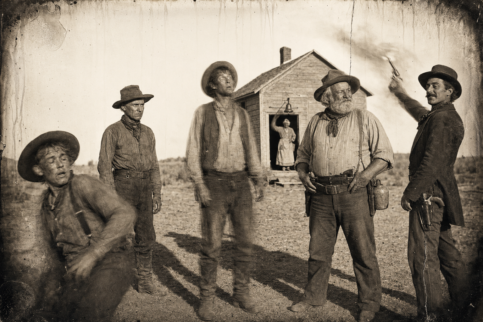 Dish back on his feet and glassy-eyed, swearing he can ride, when Jake Spoon draws and fires three shots toward the house to shut up Bolivar's dinner bell.