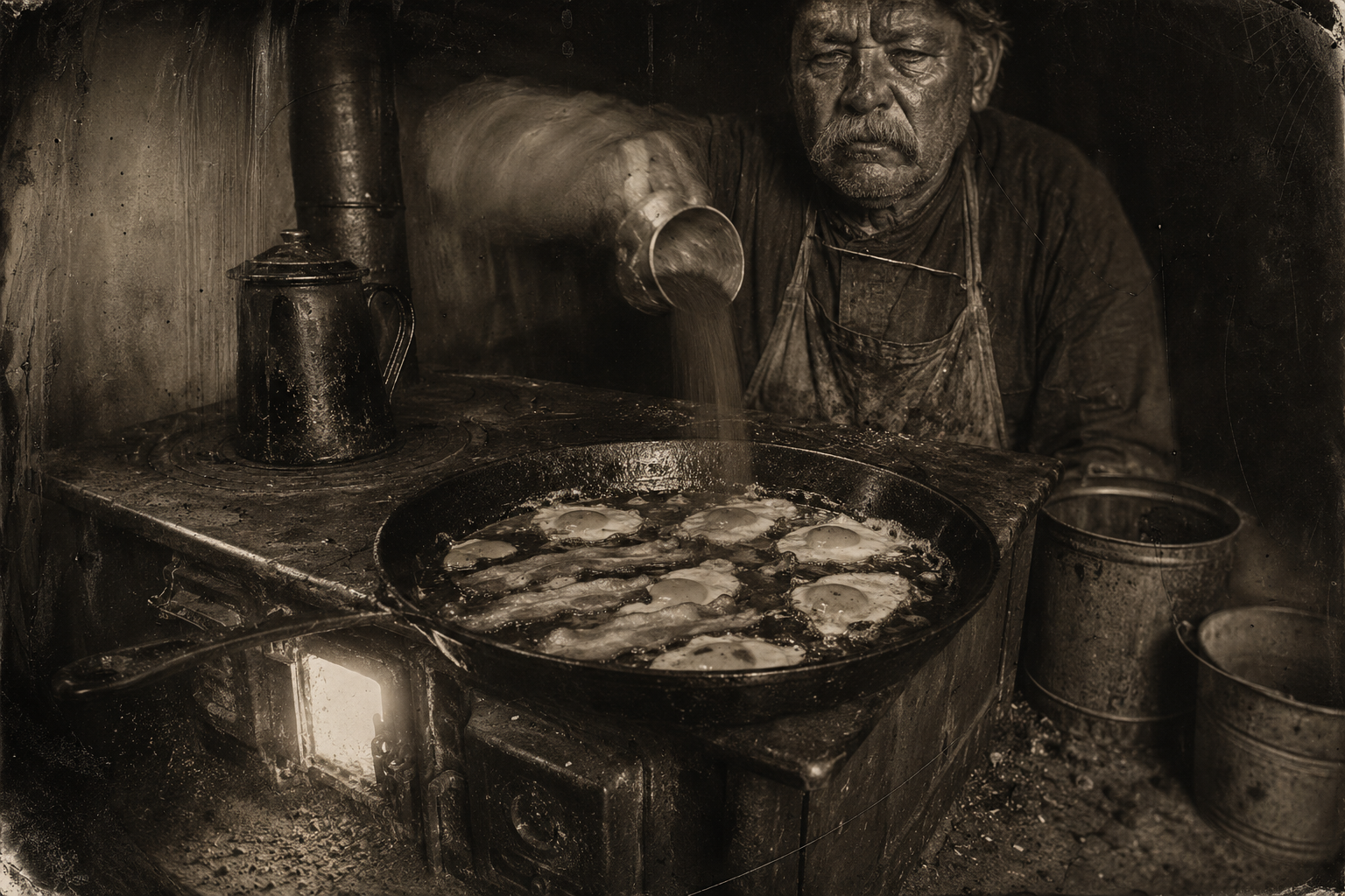 Bolivar, shaking and sick, spills a pile of coffee grounds into the grease where the eggs and bacon are frying.