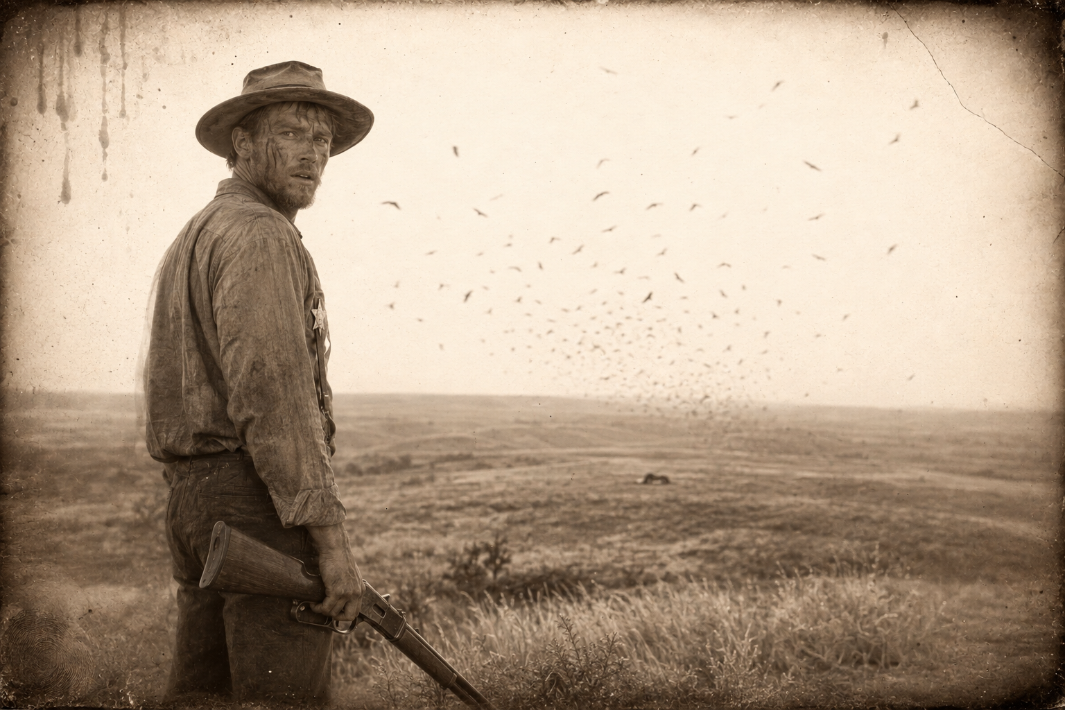 From a ridge the next day, July sees the great cloud of buzzards over the place where the horse lies, and cries.