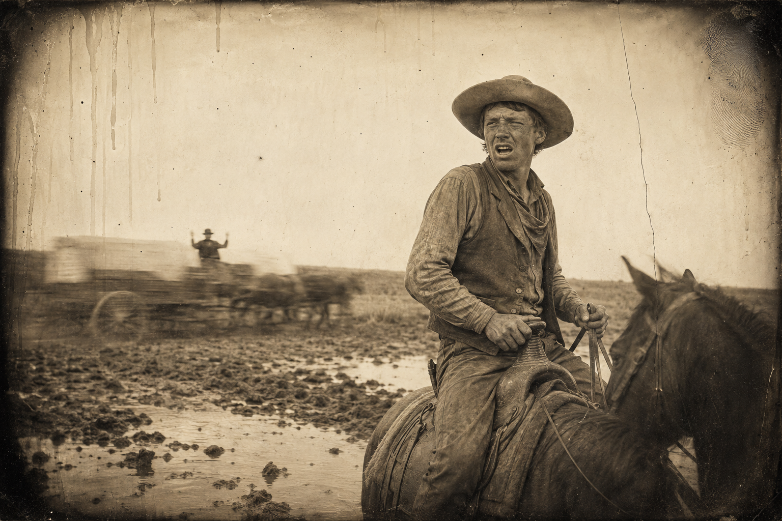 Newt hears stock running, looks back, and sees the wagon racing for the creek with the mules unchecked and Lippy on the seat holding no reins.