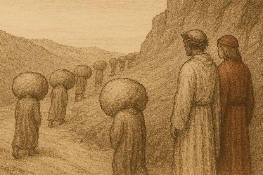 A long line of bent souls in plain robes labouring up the terrace of the proud, each crushed double beneath an enormous boulder.