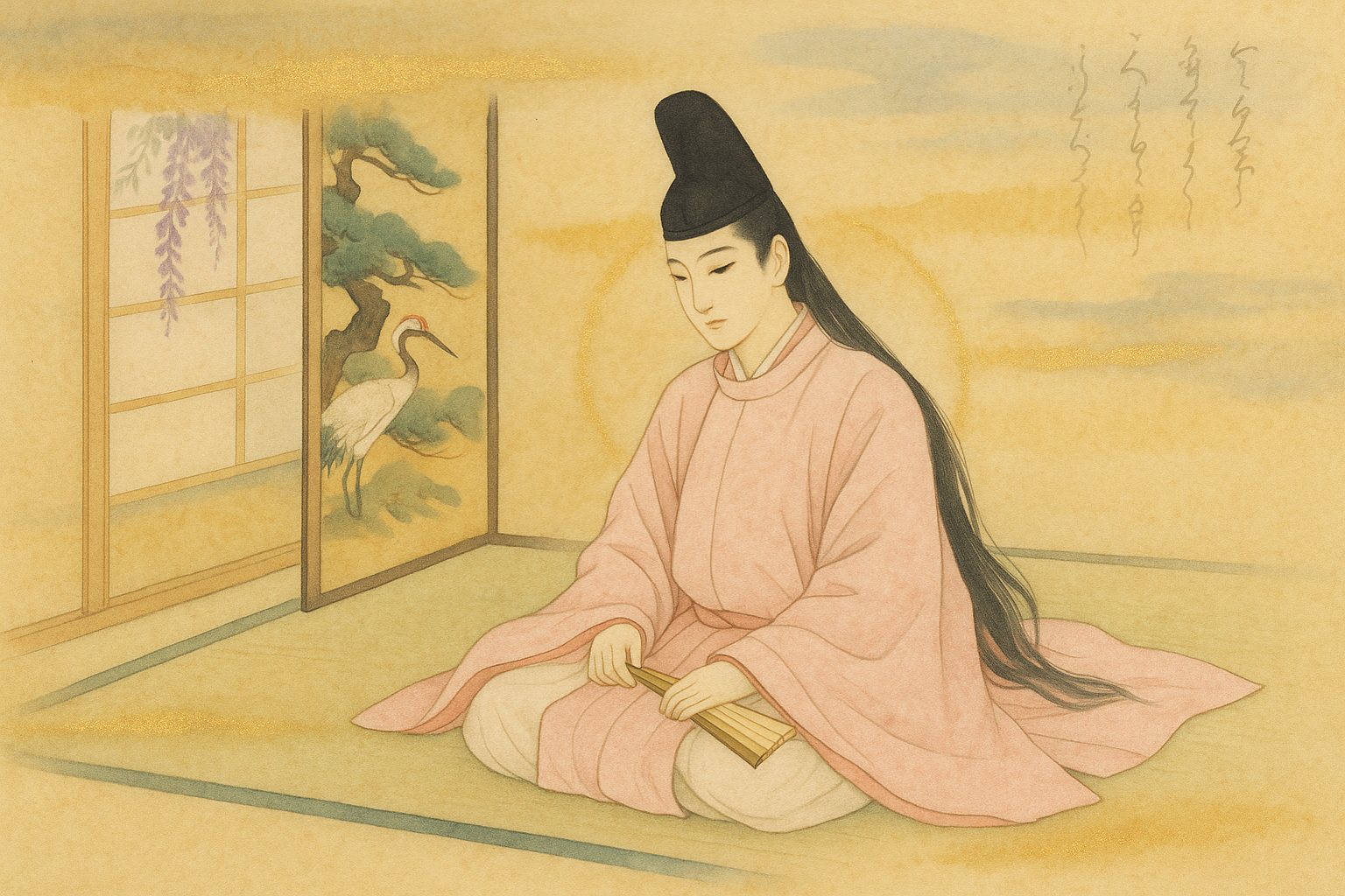 Hikaru Genji, the Shining Prince, seated in court robes — the radiance the court cannot name but everyone feels.