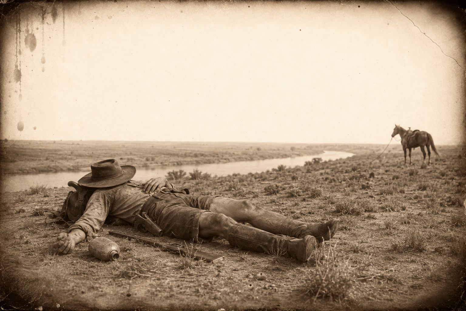 Delirious, ashamed of his own carelessness, July lies with his hat over his face on the shadeless bluff and holds long conversations with the dead Roscoe.