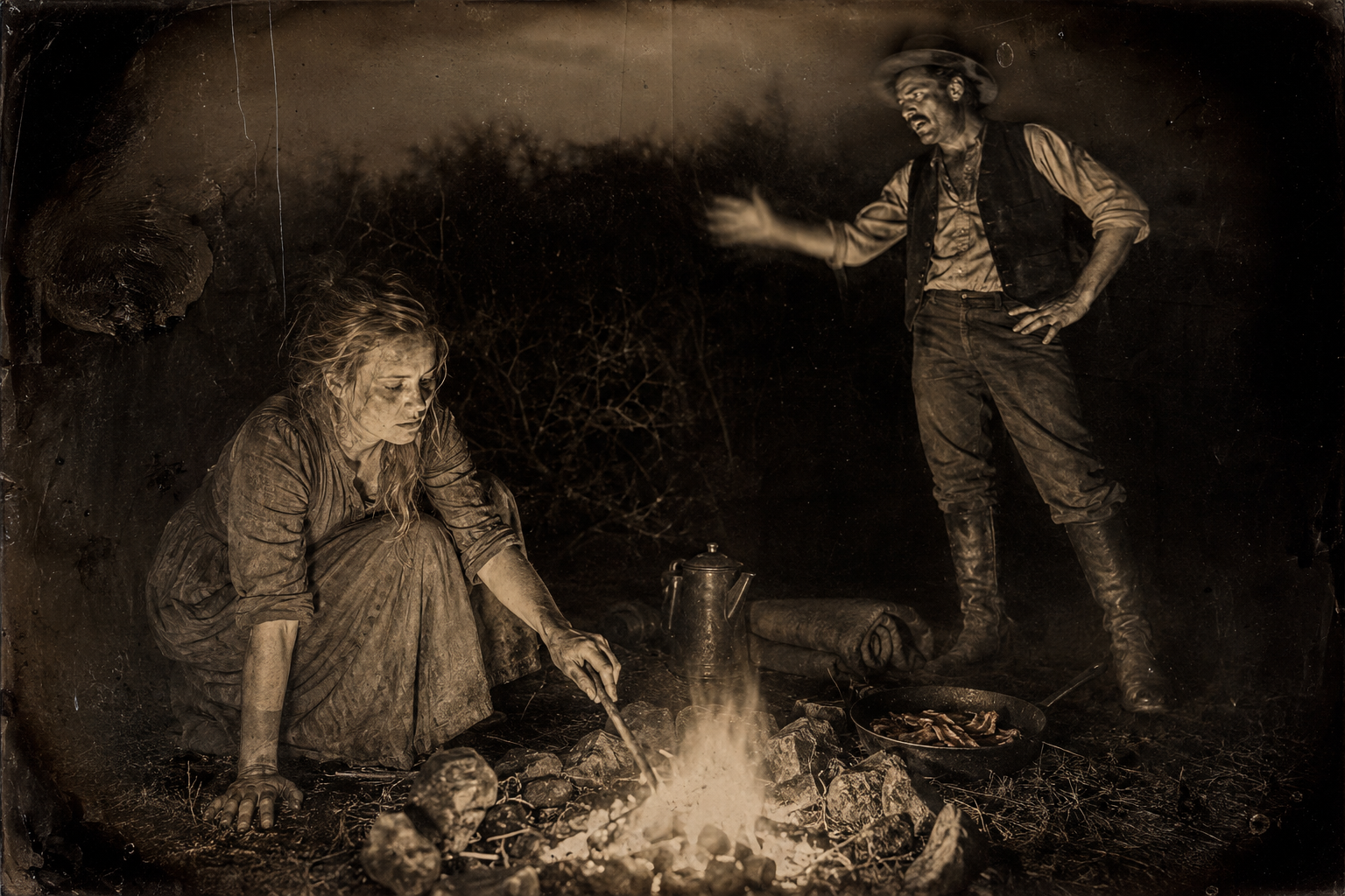 Evening — Lorena crouches making the campfire the way Deets taught her while Jake stands over her: "Dern you, why can't you talk?"