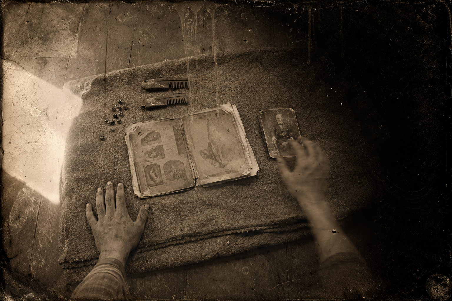 The little pile of things Newt's mother Maggie left behind — beads, combs, a scrapbook, cutout magazine pictures, and one scratchy photograph of a grandfather in Alabama, with no Mr Dobbs anywhere in it.