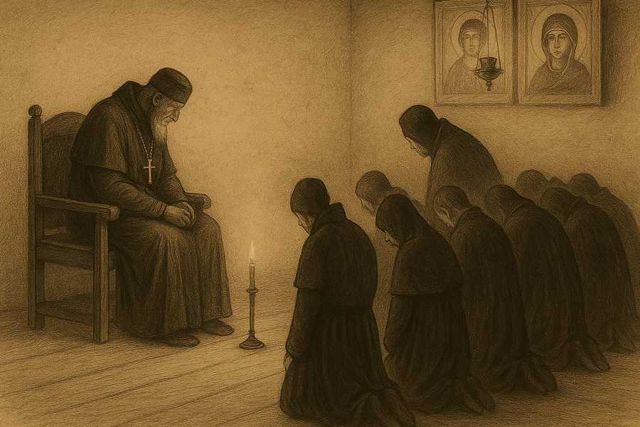 The dying Elder Zosima delivering his last teachings to kneeling monks.
