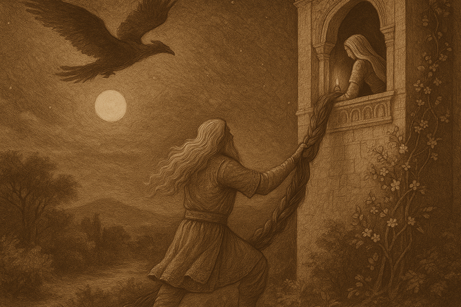 Zal, the white-haired hero raised by the Simurgh, climbing the wall to the Kabuli princess Rudaba in her tower.